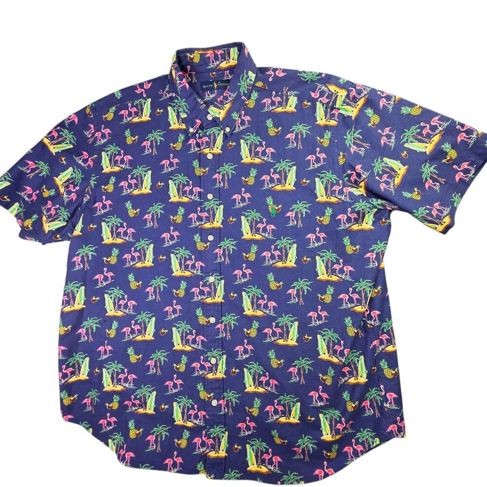Ralph Lauren Navy Blue Tropical Print Short Sleeve Button-Down Shirt